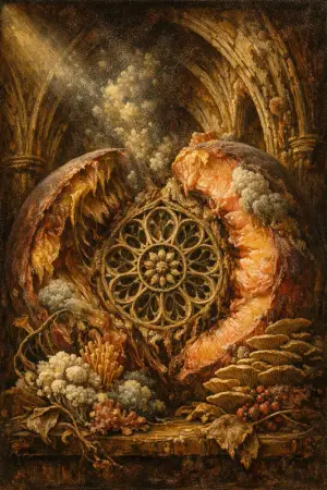 Peach Cathedral — Dutch Baroque still-life × mycology and decay