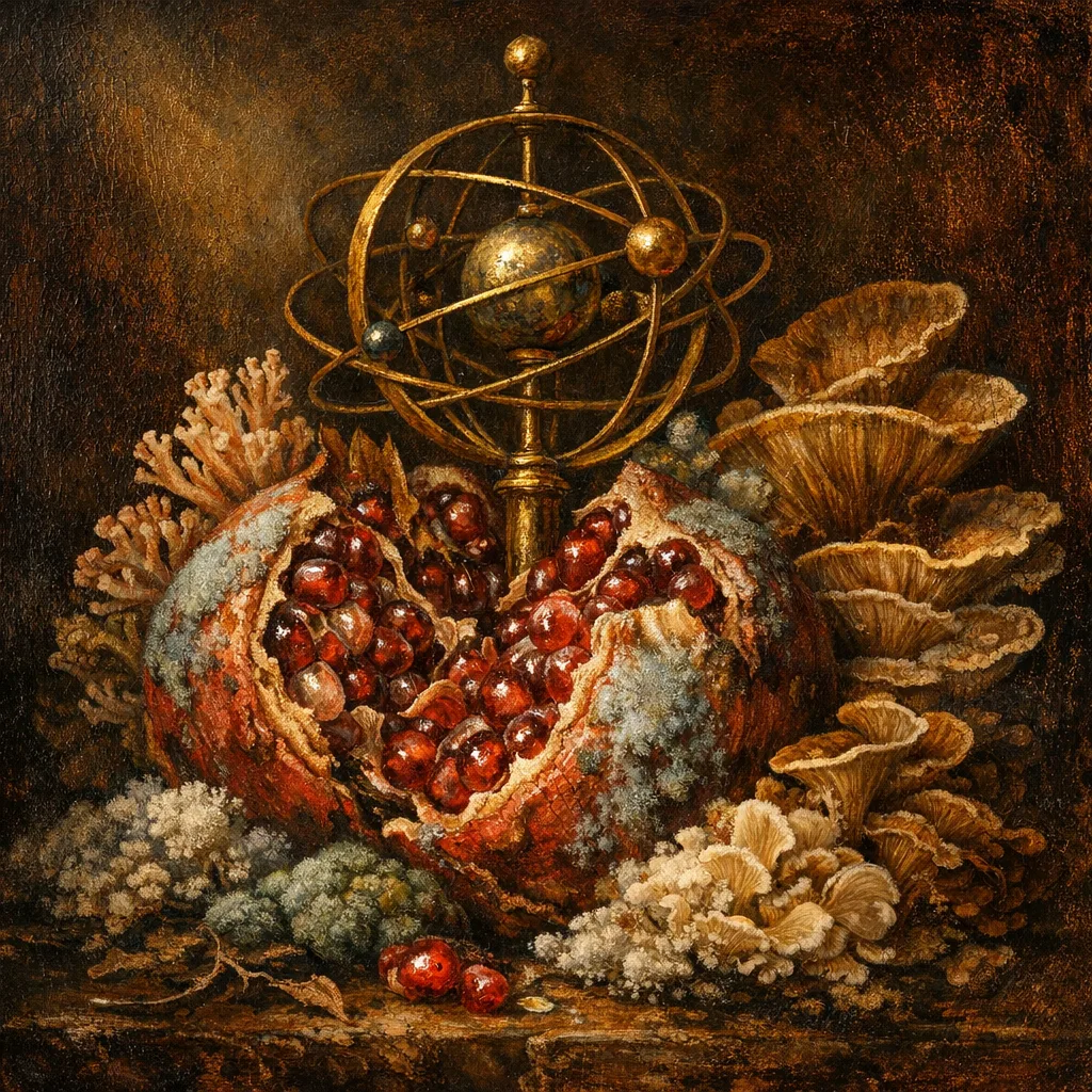 Pomegranate Orrery — Dutch Baroque still-life × mycology and decay