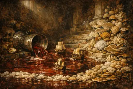 The Wine Flood — Dutch Baroque still-life × mycology and decay