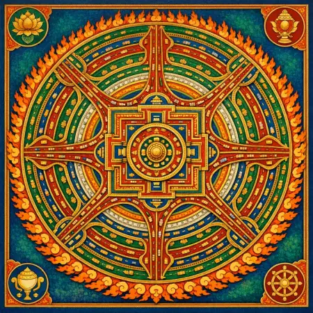 Wheel of the Ring Road — Tibetan thangka mandala × road and transit infrastructure