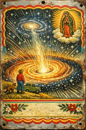 Thanks for the Black Hole — Mexican tin retablo folk painting × the cosmic sublime