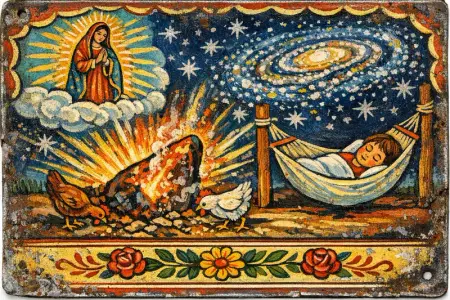 Thanks for the Meteor That Missed — Mexican tin retablo folk painting × the cosmic sublime