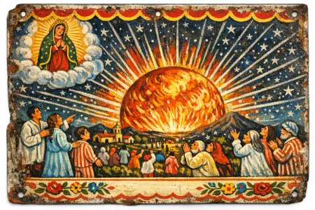 Thanks for the Returning Light — Mexican tin retablo folk painting × the cosmic sublime