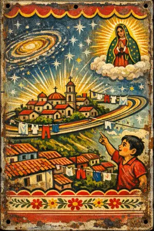 Thanks for the Ring System — Mexican tin retablo folk painting × the cosmic sublime