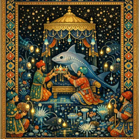 Coronation of the Chimaera — Persian and Mughal miniature painting × deep-sea bioluminescence