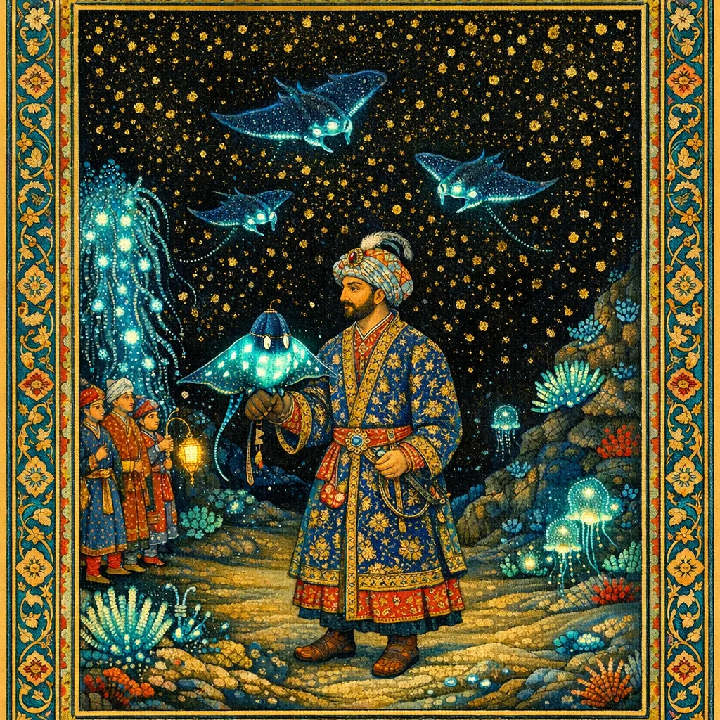 Falconer of Rays — Persian and Mughal miniature painting × deep-sea bioluminescence