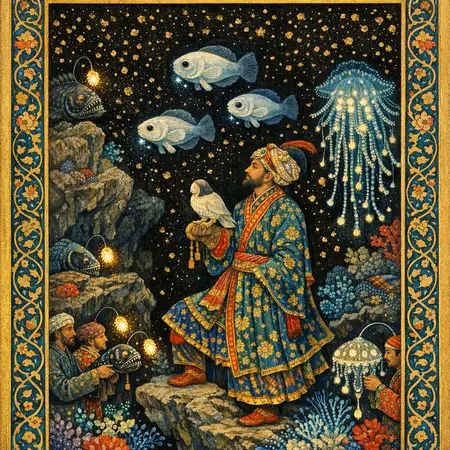 Falconer of the Snailfish — Persian and Mughal miniature painting × deep-sea bioluminescence
