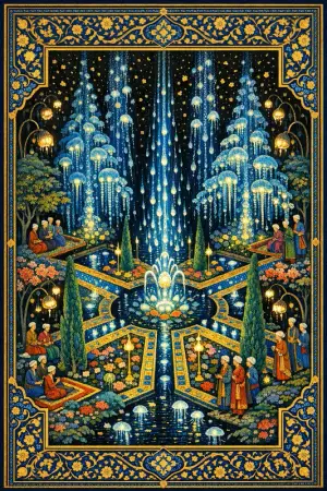Garden of Siphonophores — Persian and Mughal miniature painting × deep-sea bioluminescence