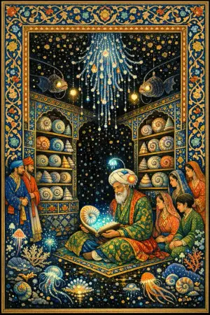 Library of Shells — Persian and Mughal miniature painting × deep-sea bioluminescence
