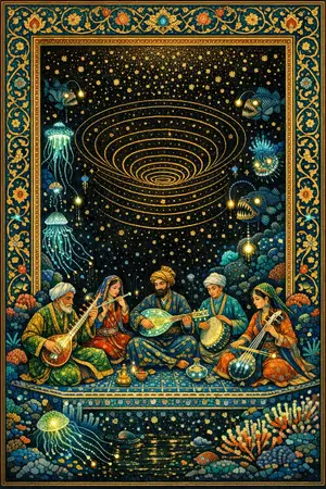 Musicians of the Midnight Zone — Persian and Mughal miniature painting × deep-sea bioluminescence