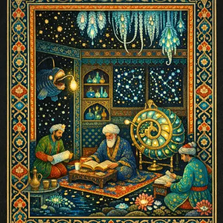 Nautilus Astrolabe — Persian and Mughal miniature painting × deep-sea bioluminescence