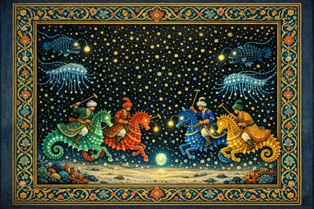 Polo on the Abyssal Plain — Persian and Mughal miniature painting × deep-sea bioluminescence