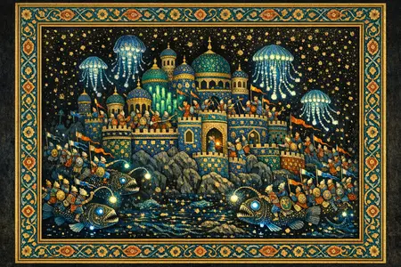 Siege of the Cold Seep — Persian and Mughal miniature painting × deep-sea bioluminescence