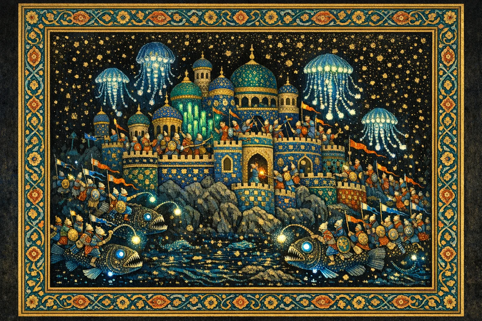 Siege of the Cold Seep — Persian and Mughal miniature painting × deep-sea bioluminescence