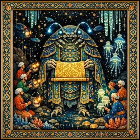 The Isopod Vizier — Persian and Mughal miniature painting × deep-sea bioluminescence
