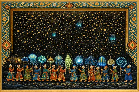 The Lantern Bearers — Persian and Mughal miniature painting × deep-sea bioluminescence