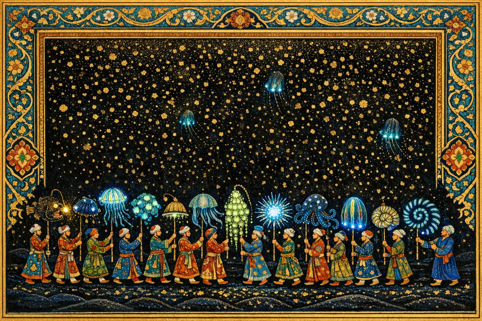The Lantern Bearers — Persian and Mughal miniature painting × deep-sea bioluminescence