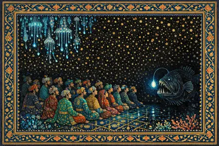 The Last Lamp Goes Out — Persian and Mughal miniature painting × deep-sea bioluminescence
