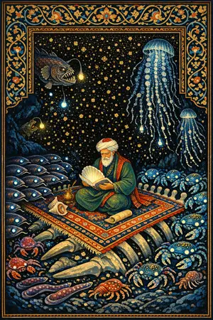 The Scholar and the Whalefall — Persian and Mughal miniature painting × deep-sea bioluminescence