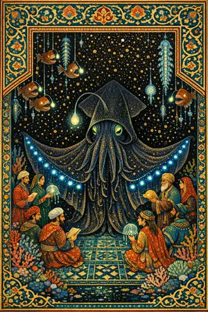 The Vampire Squid Audience — Persian and Mughal miniature painting × deep-sea bioluminescence