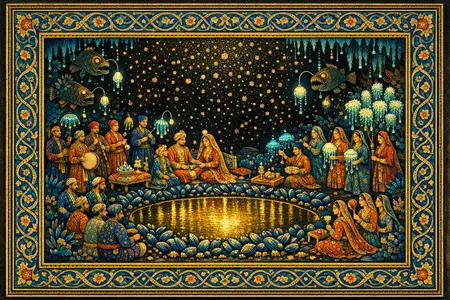 Wedding in the Brine Pool — Persian and Mughal miniature painting × deep-sea bioluminescence