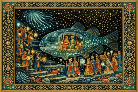 Wedding of the Barreleye — Persian and Mughal miniature painting × deep-sea bioluminescence