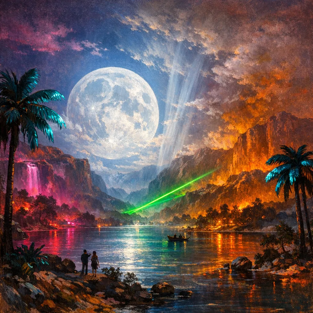 Moon Over Plastic Palms — Hudson River School sublime × synthetic neon light