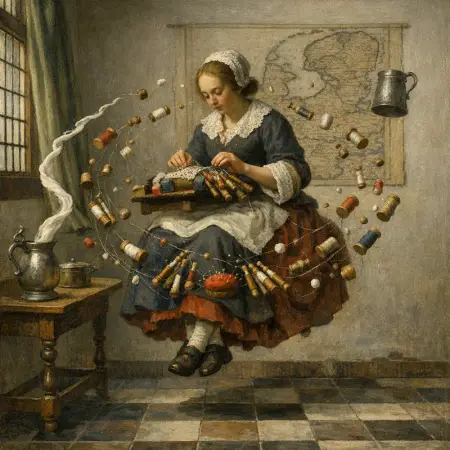 The Lace Maker Untethered — Dutch Golden Age domestic interior × zero gravity