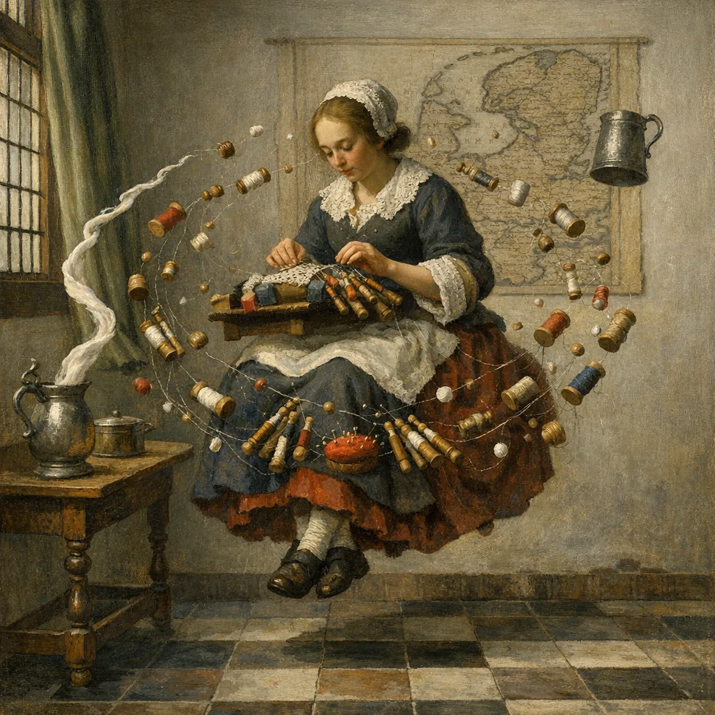The Lace Maker Untethered — Dutch Golden Age domestic interior × zero gravity