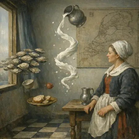 Oyster Shoal — Dutch Golden Age domestic interior × zero gravity