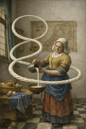 The Milkmaid Pour — Dutch Golden Age domestic interior × zero gravity