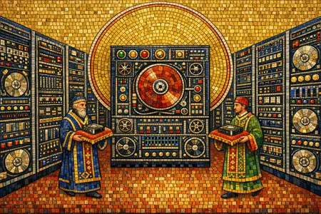 Hot Aisle Procession — Byzantine mosaic icon × domestic machinery