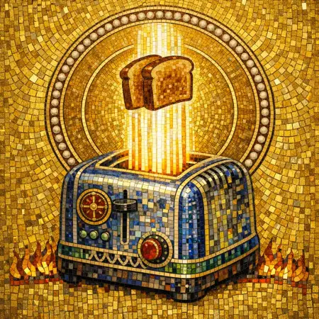 Martyr of the Toaster — Byzantine mosaic icon × domestic machinery