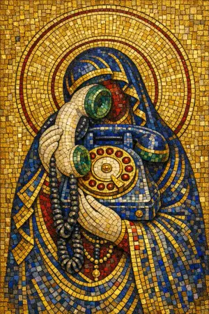 Our Lady of Dial Tone — Byzantine mosaic icon × domestic machinery