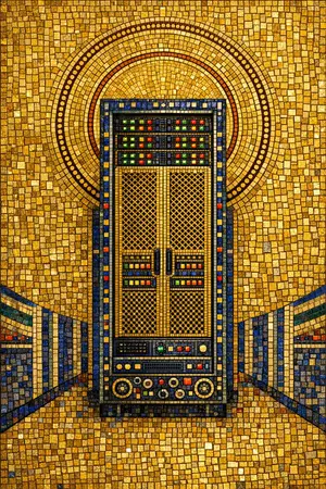 Saint of the Server Aisle — Byzantine mosaic icon × domestic machinery