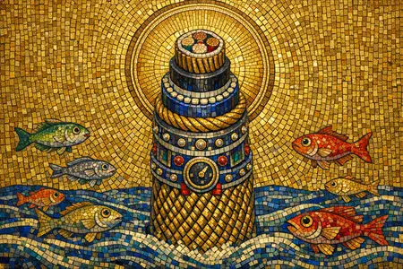 Saint of the Undersea Cable — Byzantine mosaic icon × domestic machinery