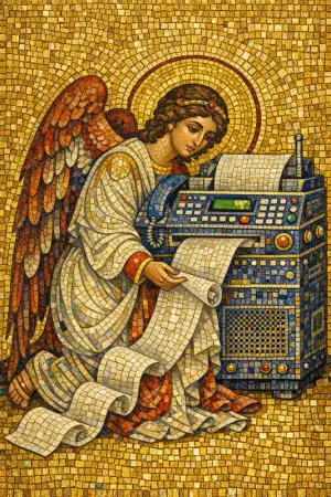 The Fax Annunciation — Byzantine mosaic icon × domestic machinery