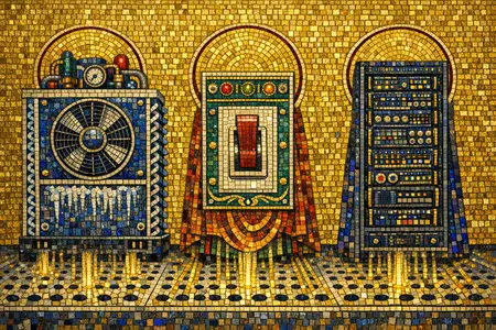 The Raised Floor Deesis — Byzantine mosaic icon × domestic machinery
