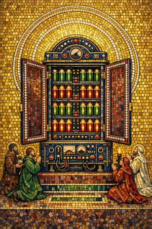 Veneration of the Uninterruptible — Byzantine mosaic icon × domestic machinery