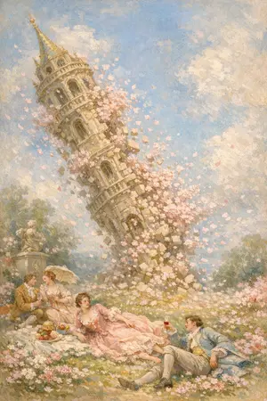 Blossom of the Falling Tower — French Rococo pastel × serene catastrophe