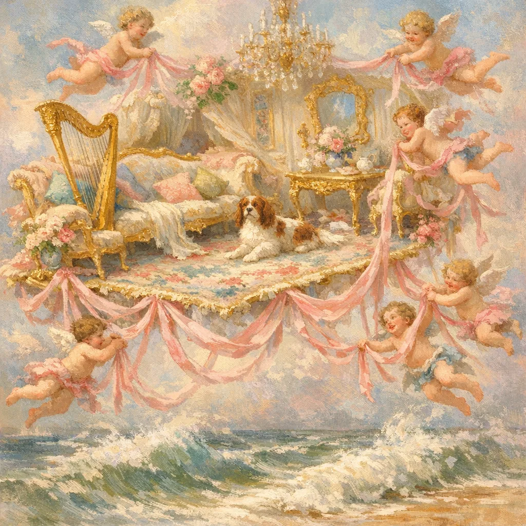 Cherubs and the Rising Sea — French Rococo pastel × serene catastrophe