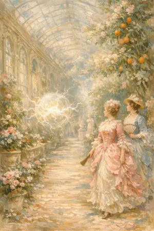 Lightning in the Orangery — French Rococo pastel × serene catastrophe