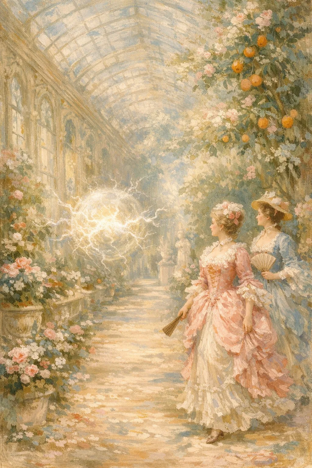 Lightning in the Orangery — French Rococo pastel × serene catastrophe