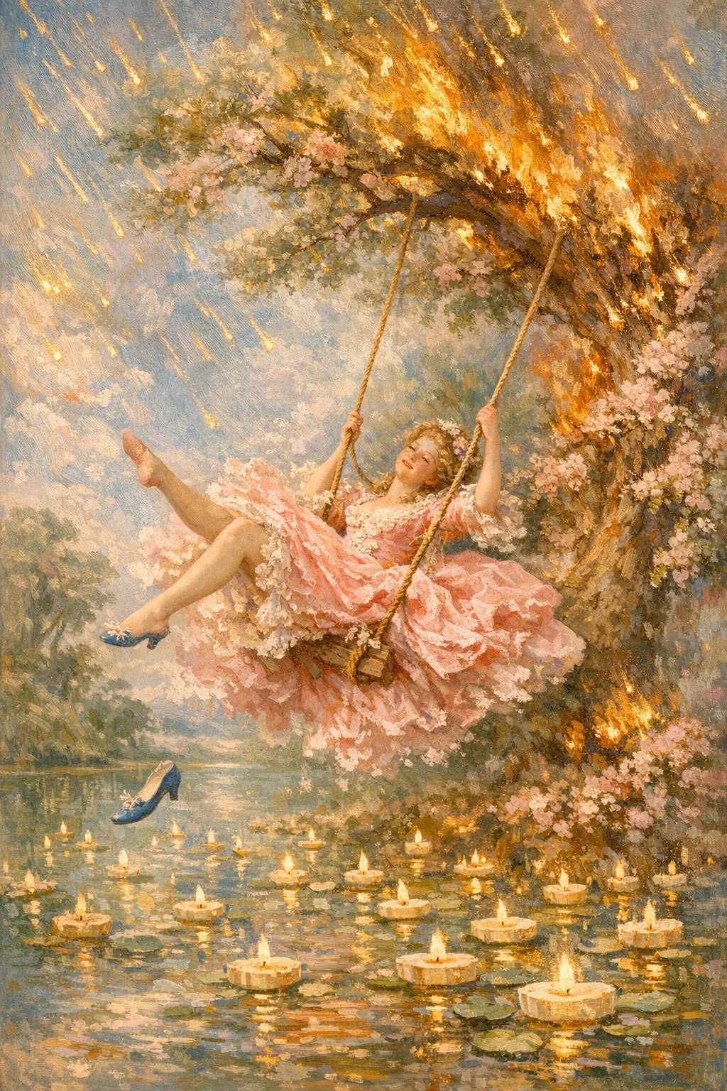 The Second Swing — French Rococo pastel × serene catastrophe