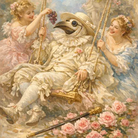 Plague Doctor Pastoral — French Rococo pastel × serene catastrophe