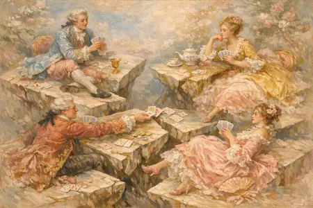 The Earthquake Card Game — French Rococo pastel × serene catastrophe