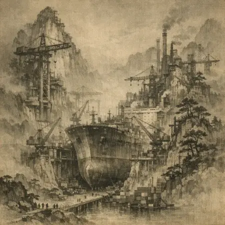 Dry Dock Gorge — Song dynasty ink landscape × heavy industry