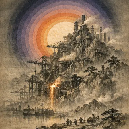 Furnace Moon in Colour — Song dynasty ink landscape × heavy industry