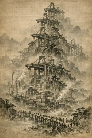 Gantry of Ten Thousand Folds — Song dynasty ink landscape × heavy industry