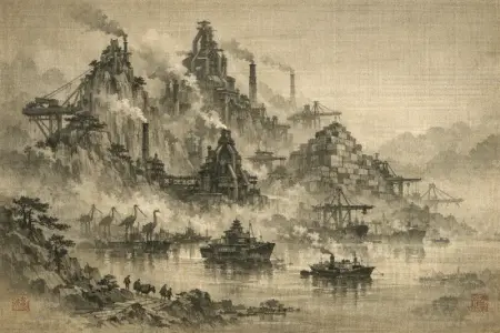 Harbour of the Immortals — Song dynasty ink landscape × heavy industry